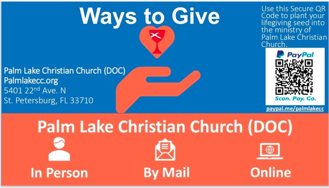 Palm Lake Christian Church Ways to Give card: in person, by mail, online